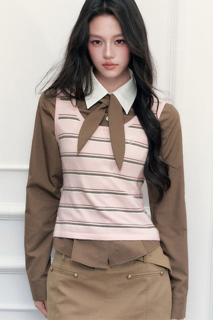 Retro Preppy Color-Blocking Shirt Knitted Vest and Skirt Set-Up