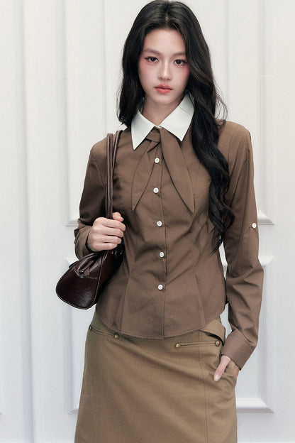 Retro Preppy Color-Blocking Shirt Knitted Vest and Skirt Set-Up