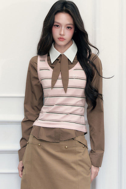 Retro Preppy Color-Blocking Shirt Knitted Vest and Skirt Set-Up