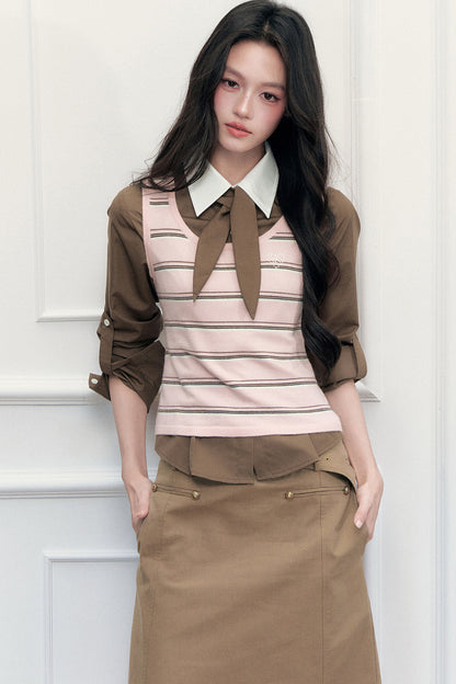 Retro Preppy Color-Blocking Shirt Knitted Vest and Skirt Set-Up