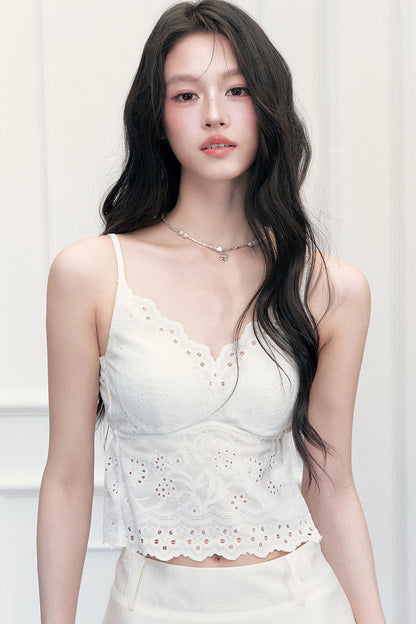 White French Hollow Embroidery V-Neck Camisole