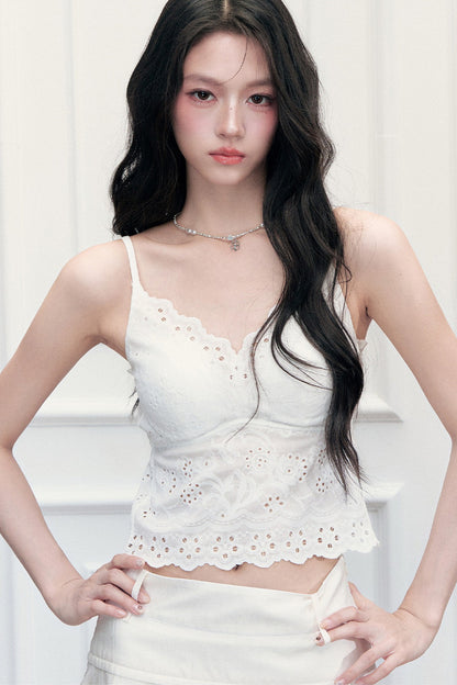 White French Hollow Embroidery V-Neck Camisole