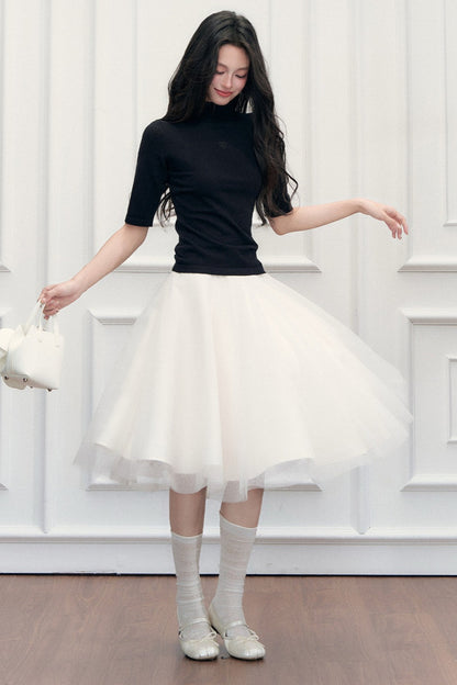 High-Waisted Puffy A-Line Mesh Skirt