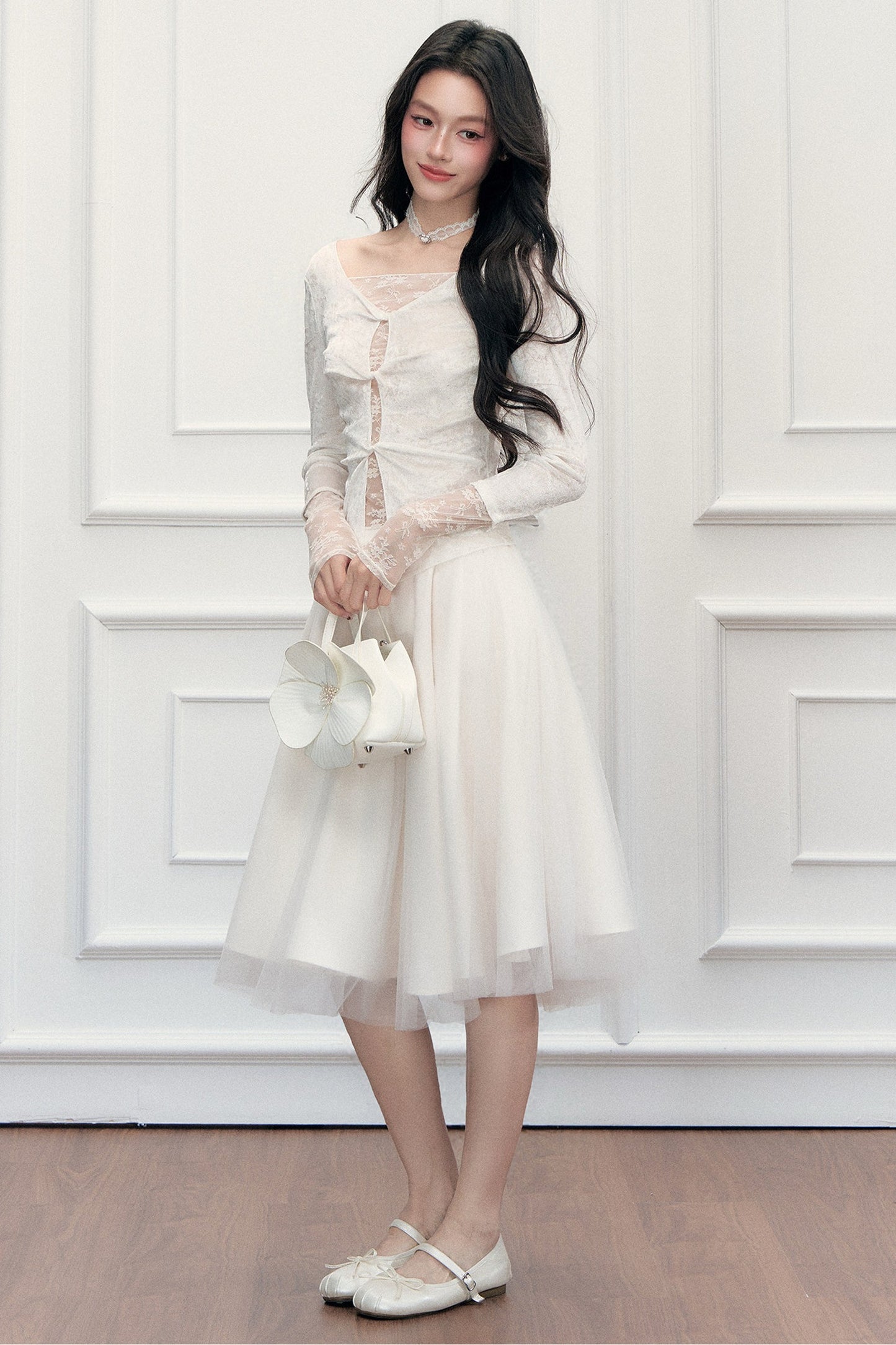 High-Waisted Puffy A-Line Mesh Skirt