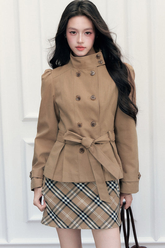 Vintage Double-Breasted Stand Collar Trench Coat and Skirt Set