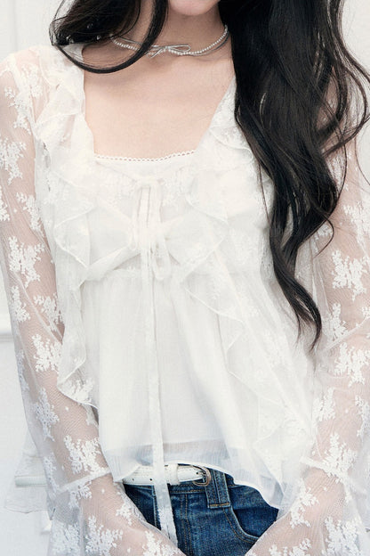White Floral Lace Camisole Cardigan Set-Up