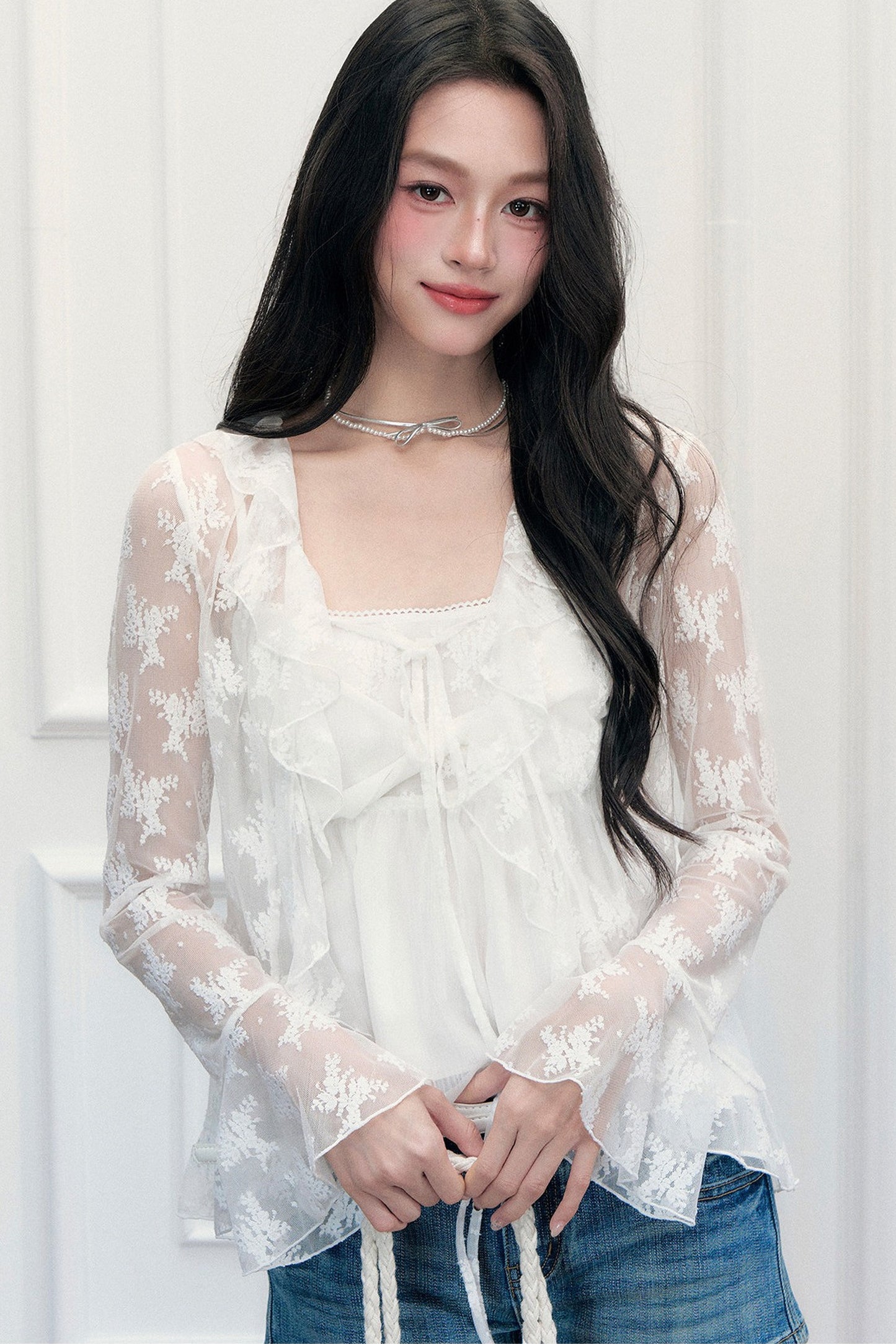 White Floral Lace Camisole Cardigan Set-Up