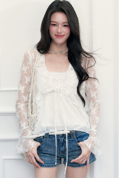 White Floral Lace Camisole Cardigan Set-Up