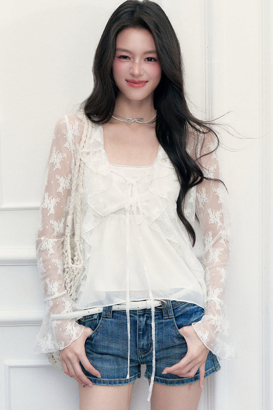 White Floral Lace Camisole Cardigan Set-Up