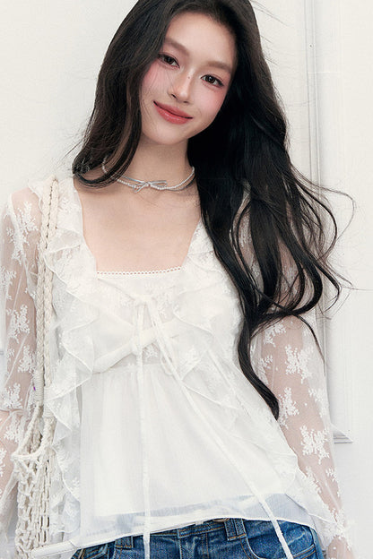White Floral Lace Camisole Cardigan Set-Up