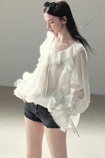 Set aus transparenter Chiffon-Cover-up-Bluse mit Rüschen
