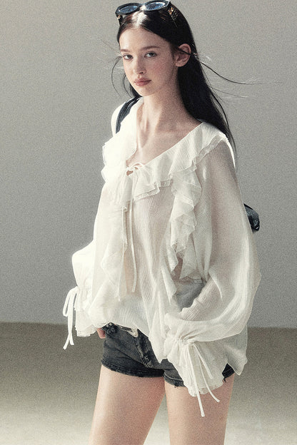 Set aus transparenter Chiffon-Cover-up-Bluse mit Rüschen