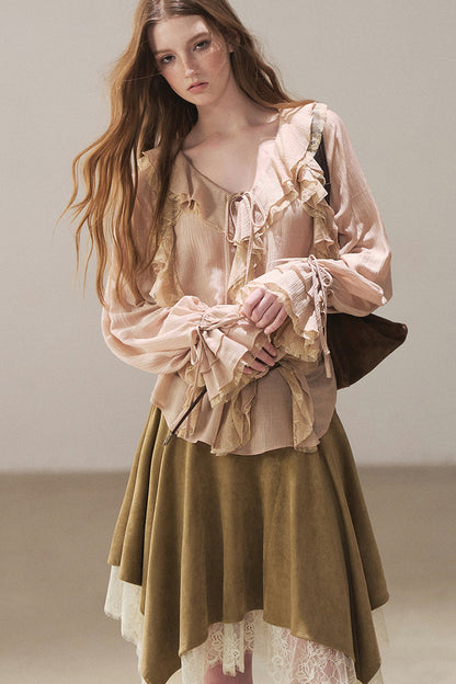Set aus transparenter Chiffon-Cover-up-Bluse mit Rüschen