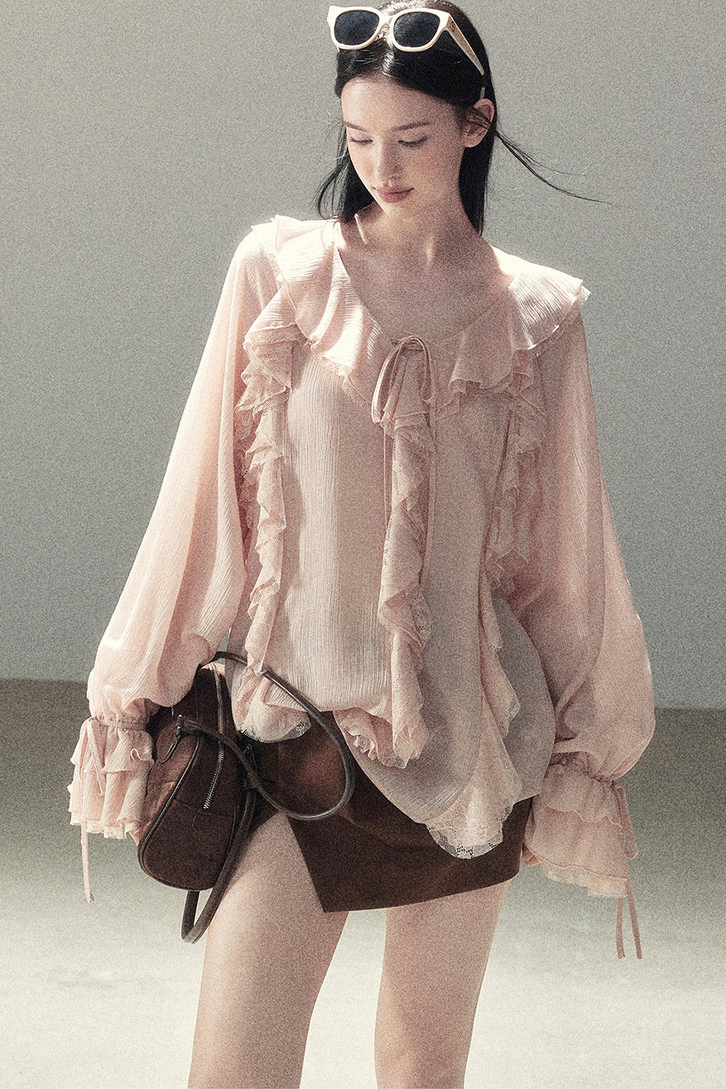 Set aus transparenter Chiffon-Cover-up-Bluse mit Rüschen