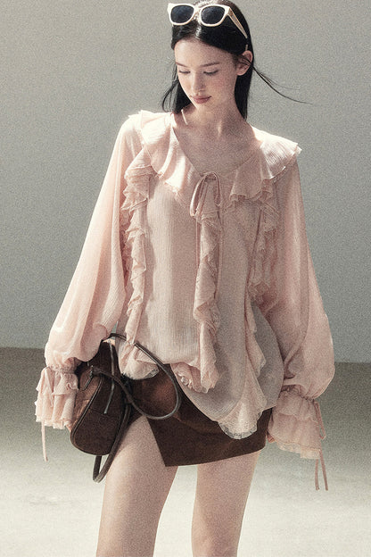 Set aus transparenter Chiffon-Cover-up-Bluse mit Rüschen