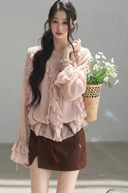 Set aus transparenter Chiffon-Cover-up-Bluse mit Rüschen