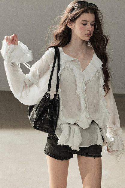 Set aus transparenter Chiffon-Cover-up-Bluse mit Rüschen