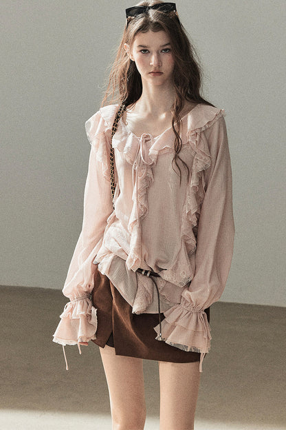 Set aus transparenter Chiffon-Cover-up-Bluse mit Rüschen