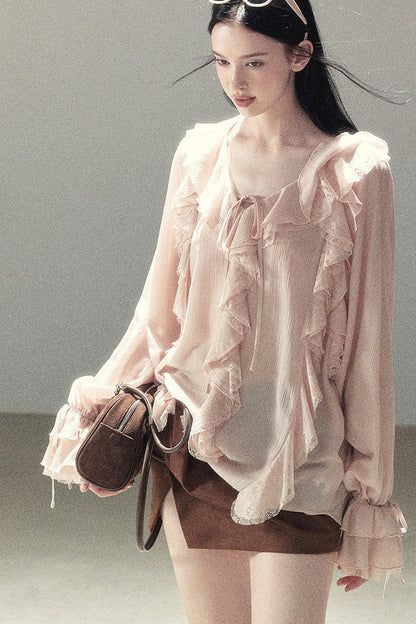Set aus transparenter Chiffon-Cover-up-Bluse mit Rüschen