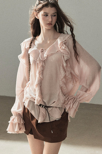 Set aus transparenter Chiffon-Cover-up-Bluse mit Rüschen