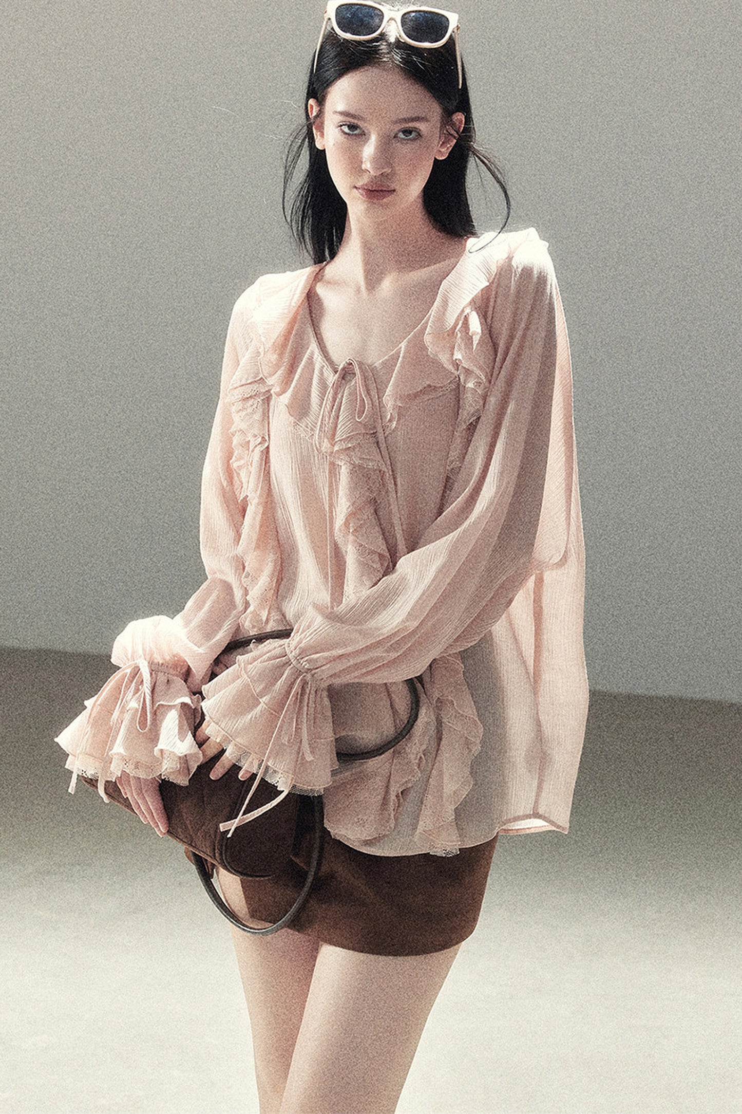 Set aus transparenter Chiffon-Cover-up-Bluse mit Rüschen