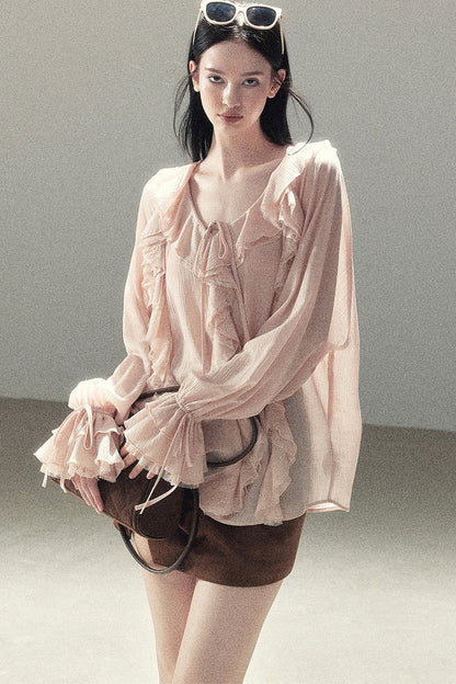 Set aus transparenter Chiffon-Cover-up-Bluse mit Rüschen