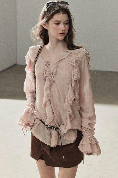 Set aus transparenter Chiffon-Cover-up-Bluse mit Rüschen