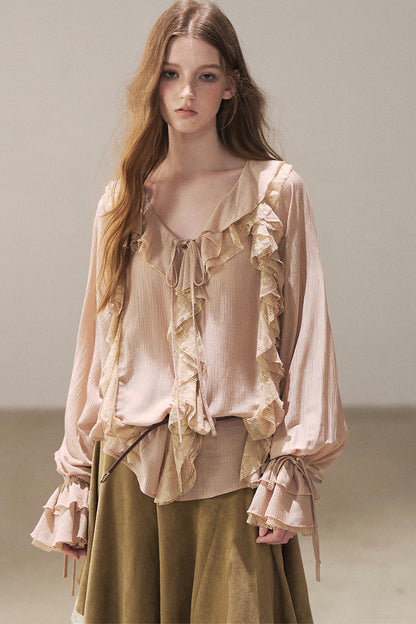 Set aus transparenter Chiffon-Cover-up-Bluse mit Rüschen