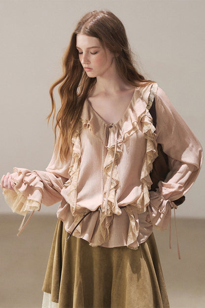Set aus transparenter Chiffon-Cover-up-Bluse mit Rüschen