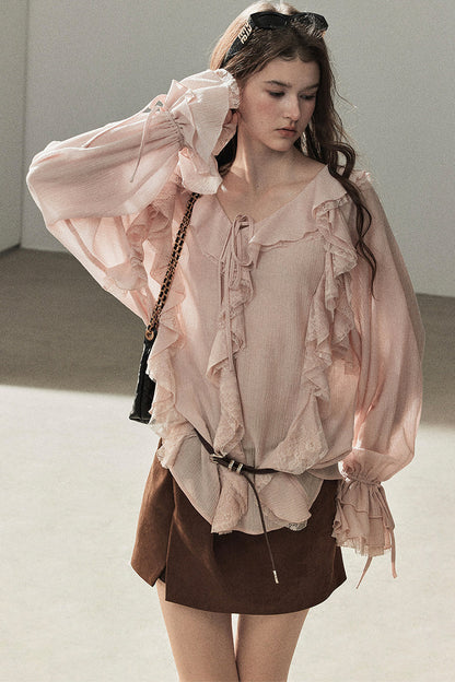 Set aus transparenter Chiffon-Cover-up-Bluse mit Rüschen