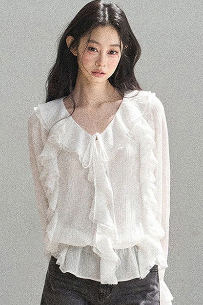 Set aus transparenter Chiffon-Cover-up-Bluse mit Rüschen