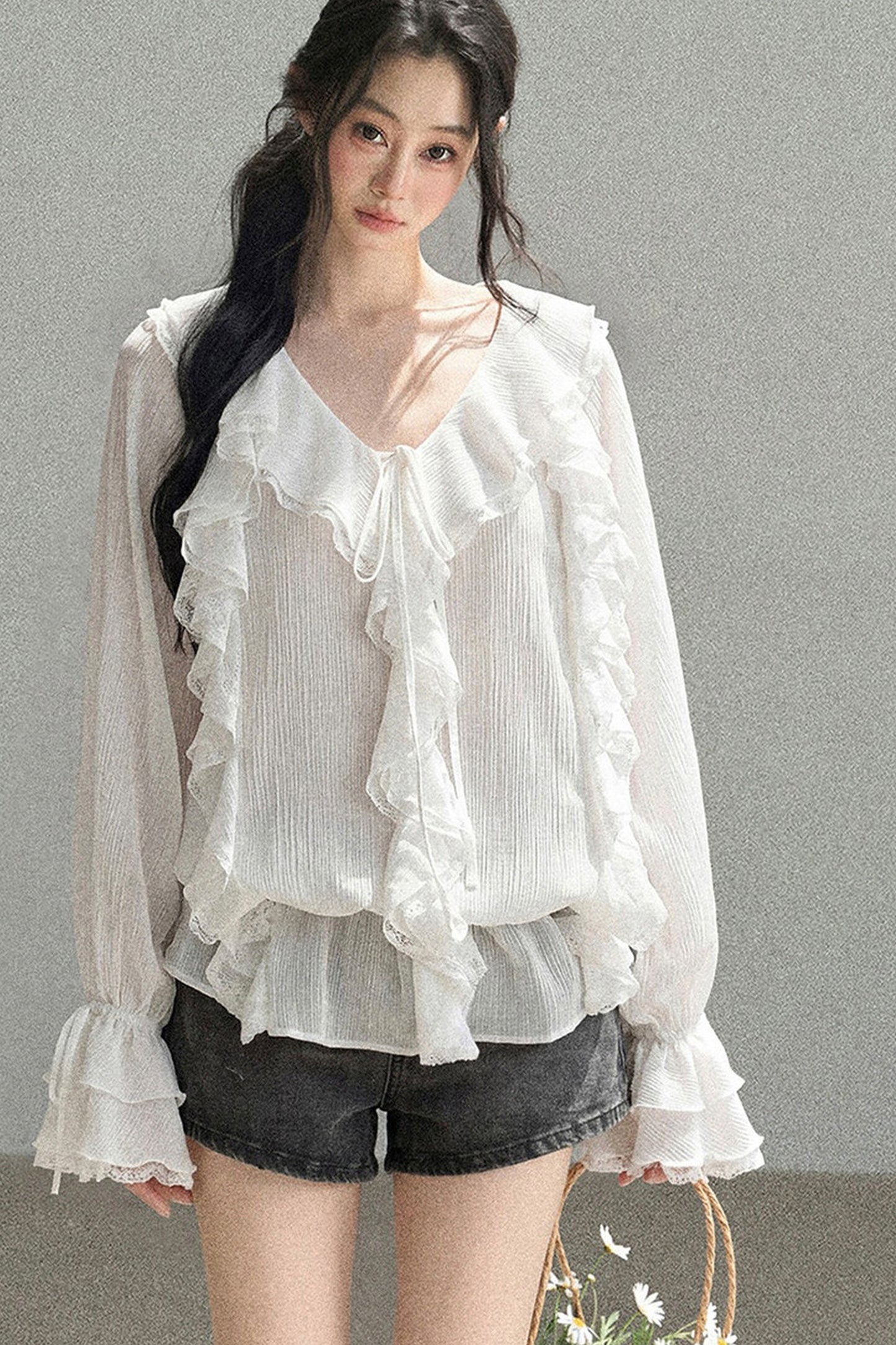 Set aus transparenter Chiffon-Cover-up-Bluse mit Rüschen