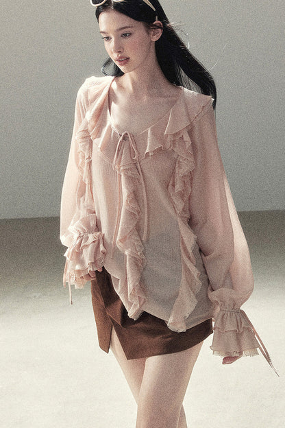 Set aus transparenter Chiffon-Cover-up-Bluse mit Rüschen