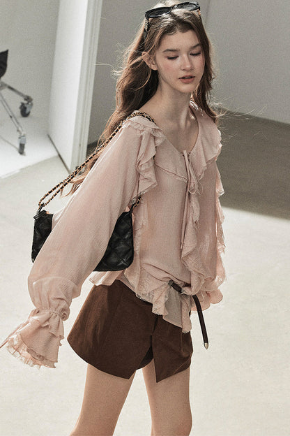 Set aus transparenter Chiffon-Cover-up-Bluse mit Rüschen