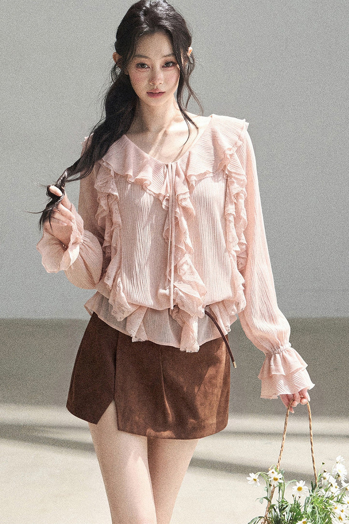 Set aus transparenter Chiffon-Cover-up-Bluse mit Rüschen