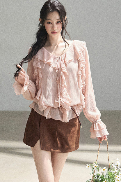 Set aus transparenter Chiffon-Cover-up-Bluse mit Rüschen
