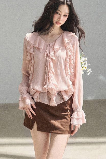 Set aus transparenter Chiffon-Cover-up-Bluse mit Rüschen