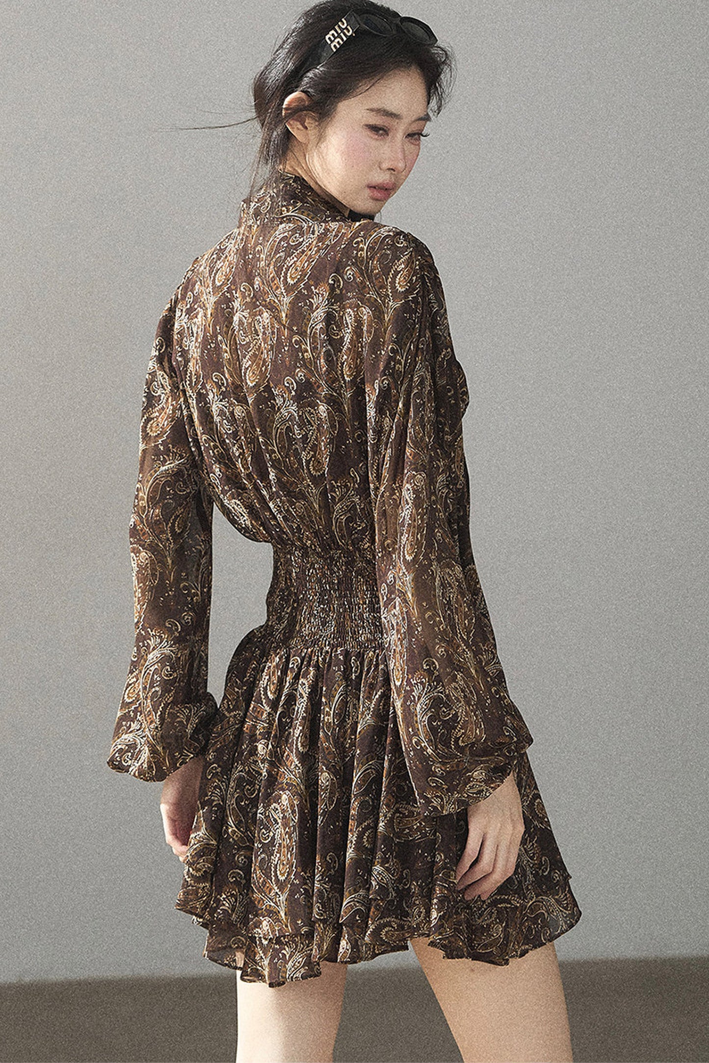 Long-Sleeve Puffy Chiffon Dress