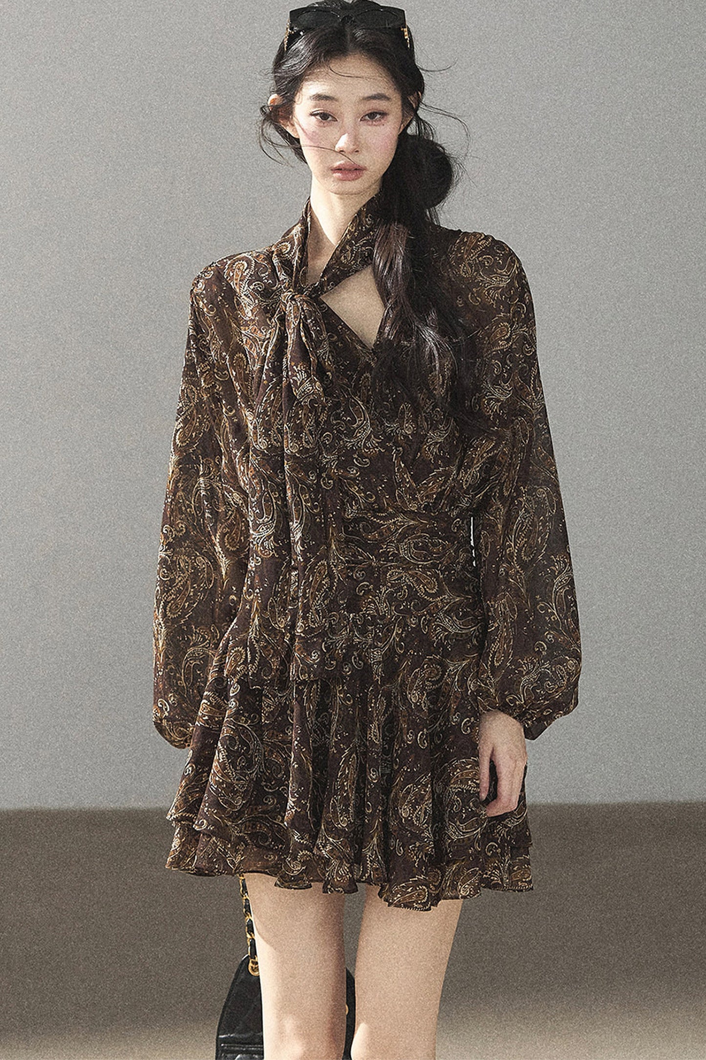 Long-Sleeve Puffy Chiffon Dress