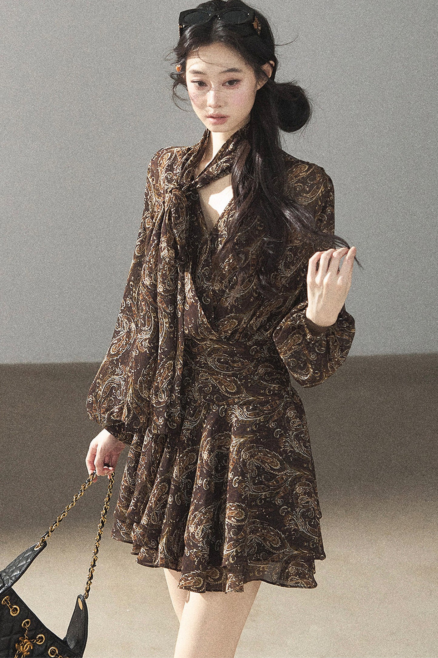 Long-Sleeve Puffy Chiffon Dress