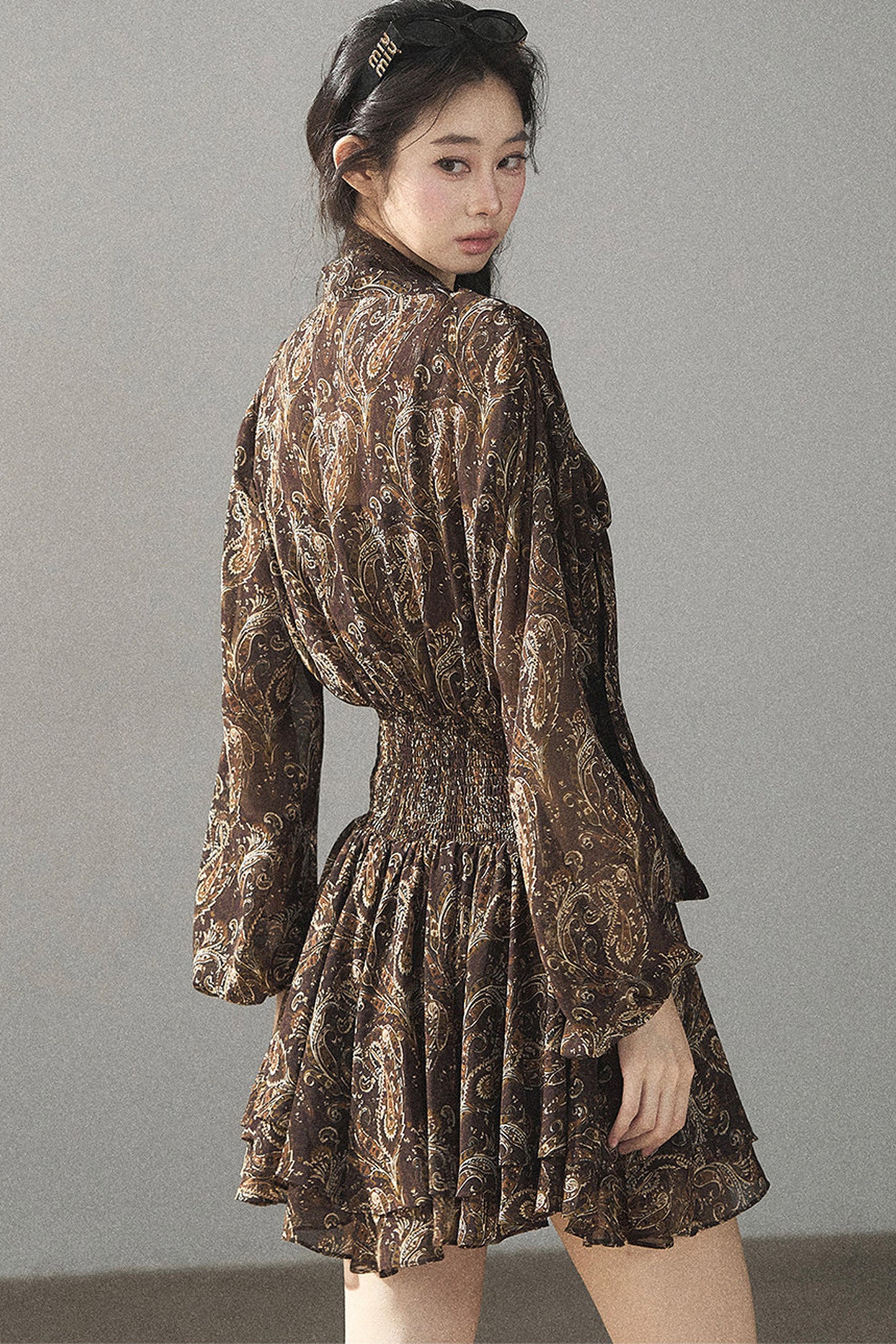 Long-Sleeve Puffy Chiffon Dress