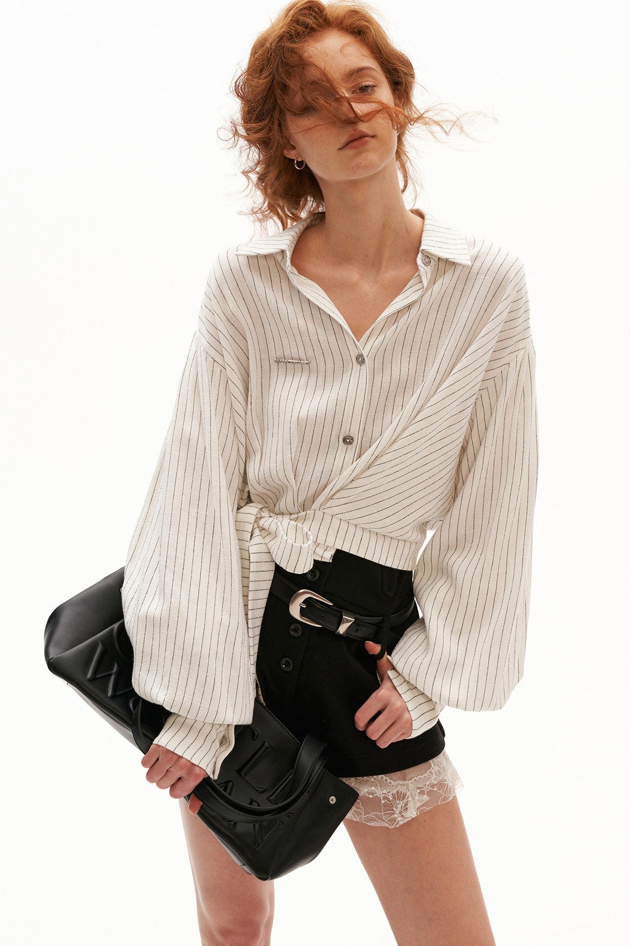 Vertical Striped Tie-Waist Lantern Sleeve Shirt