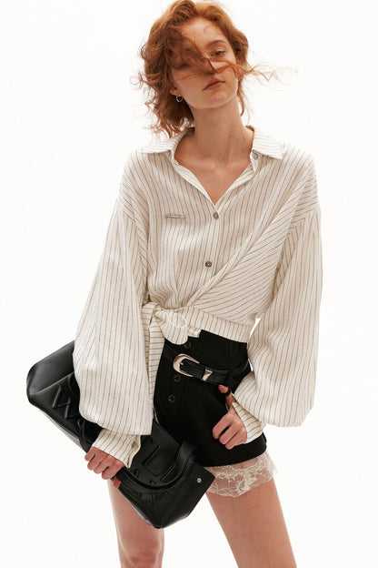 Vertical Striped Tie-Waist Lantern Sleeve Shirt