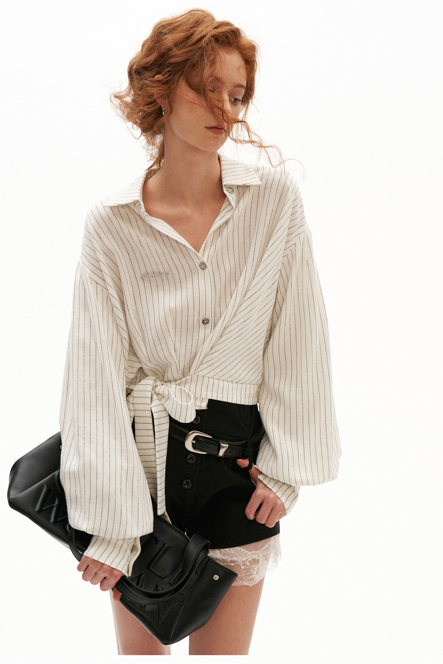 Vertical Striped Tie-Waist Lantern Sleeve Shirt