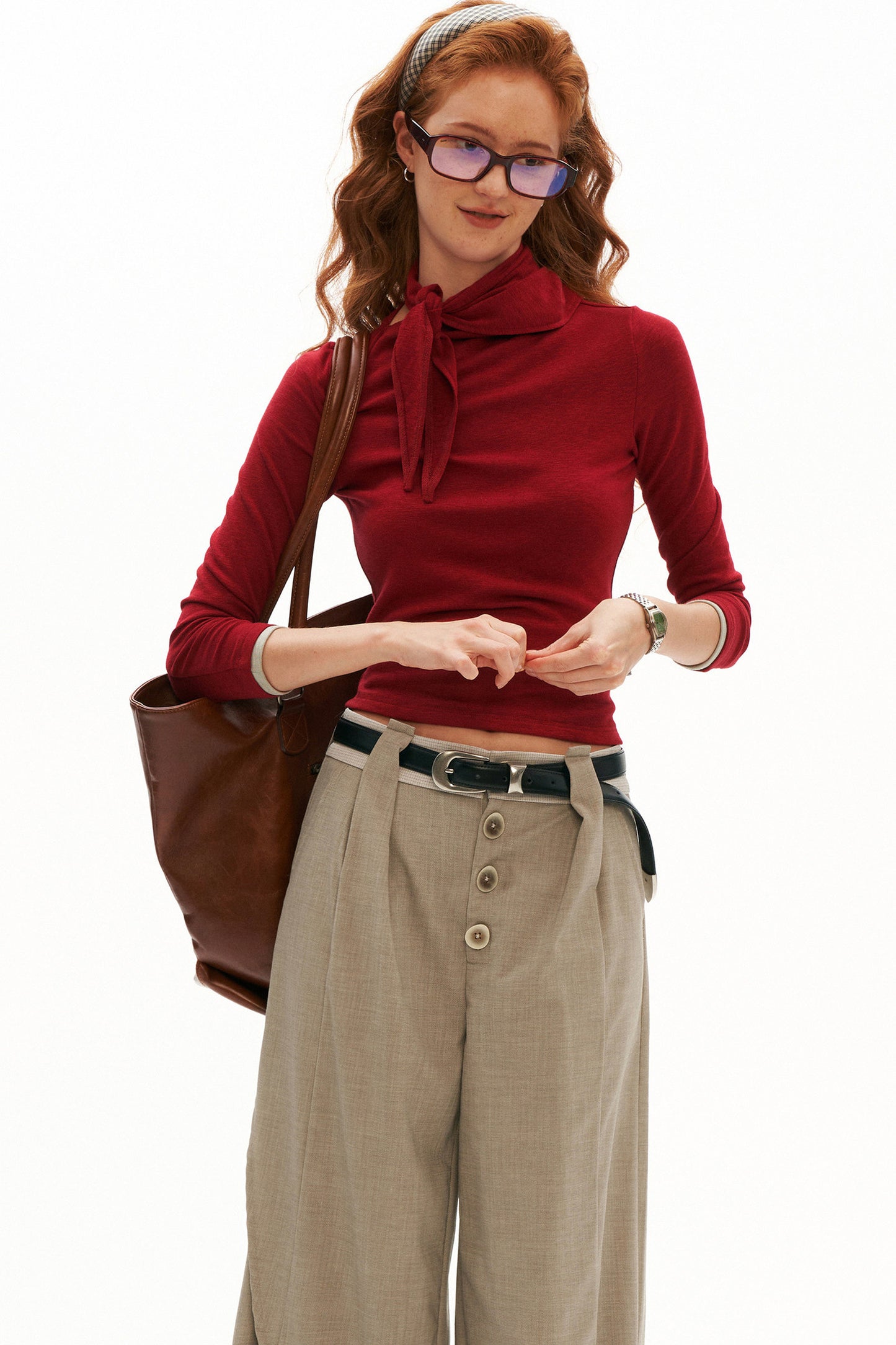 Tie-Neck Long-Sleeve Knit Top
