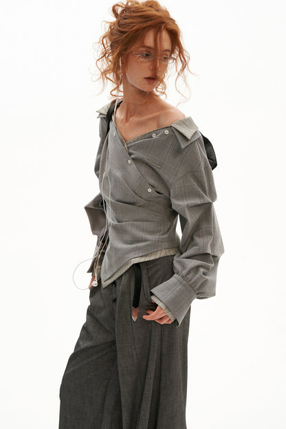 Irregular Textured Plaid Off-Shoulder Shirt