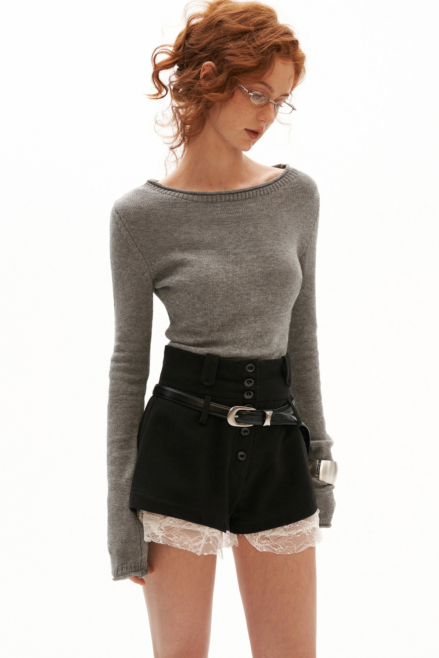 High-Waisted Buttoned Lace-Hem A-Line Shorts