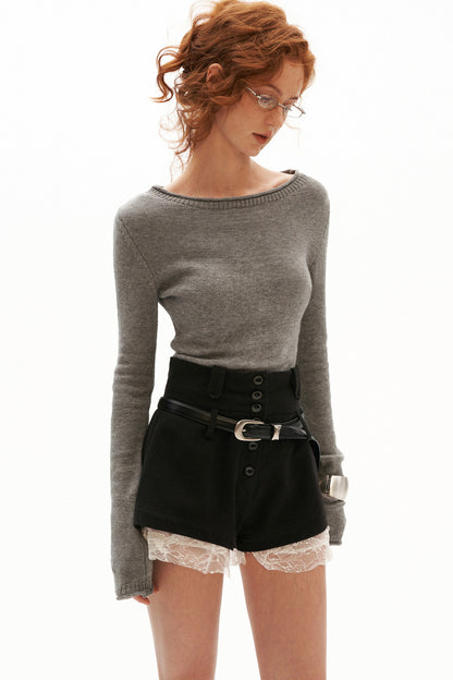 High-Waisted Buttoned Lace-Hem A-Line Shorts