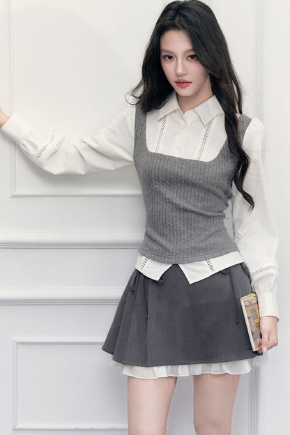 Gray Knit Vest Blouse and Skirt Set-Up