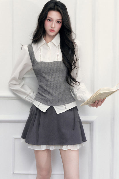 Gray Knit Vest Blouse and Skirt Set-Up